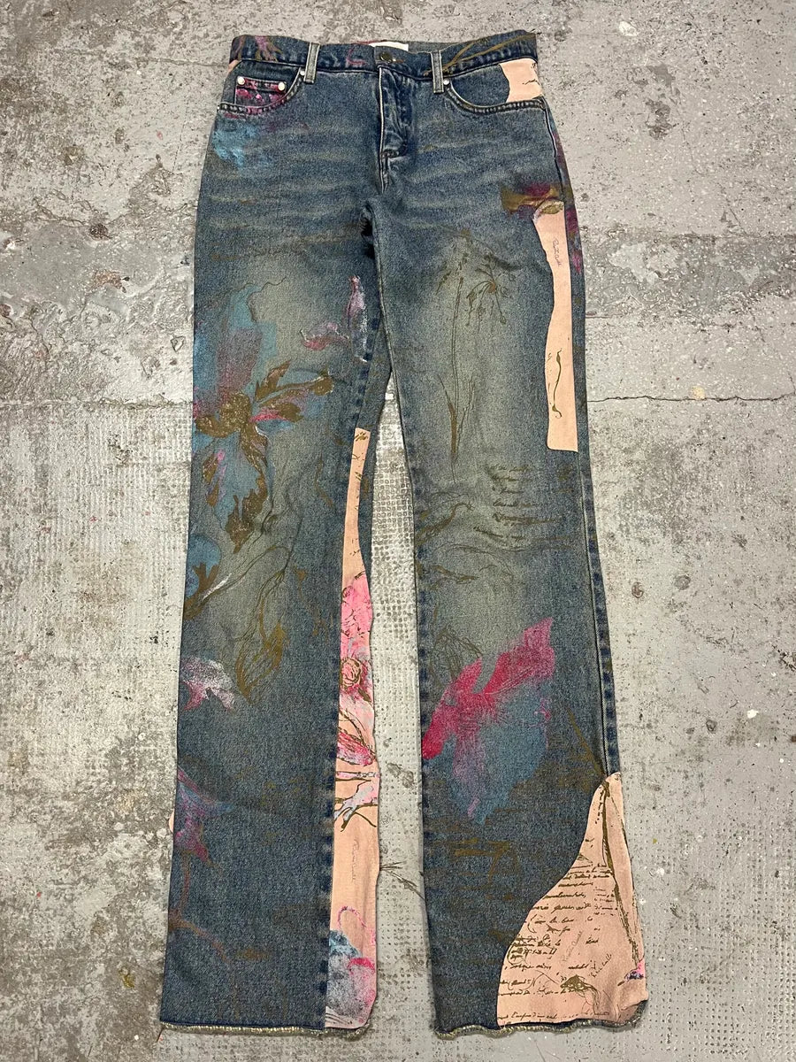 AW2003 Roberto Cavalli Blue Denim Painted Flowers Pants (S) wzEkcTB 0