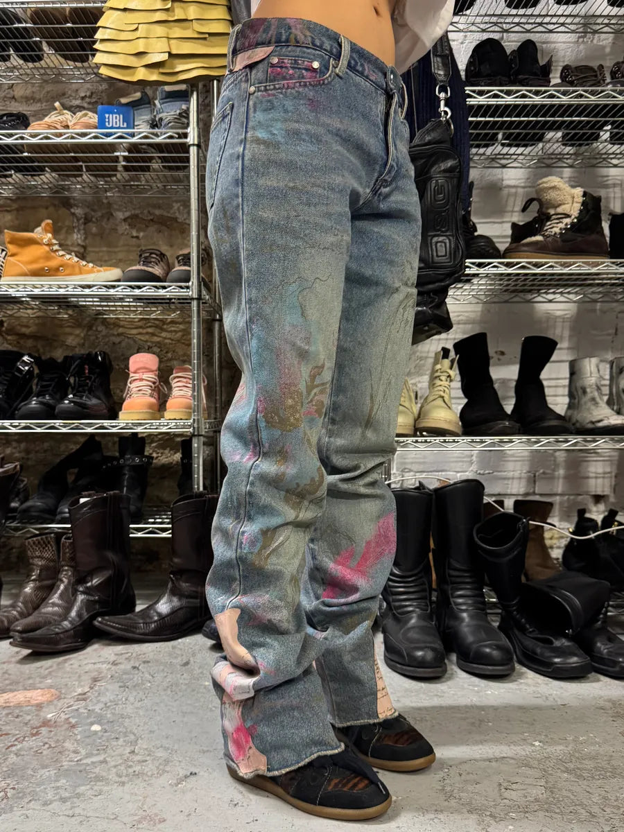 AW2003 Roberto Cavalli Blue Denim Painted Flowers Pants (S) wzEkcTB 1