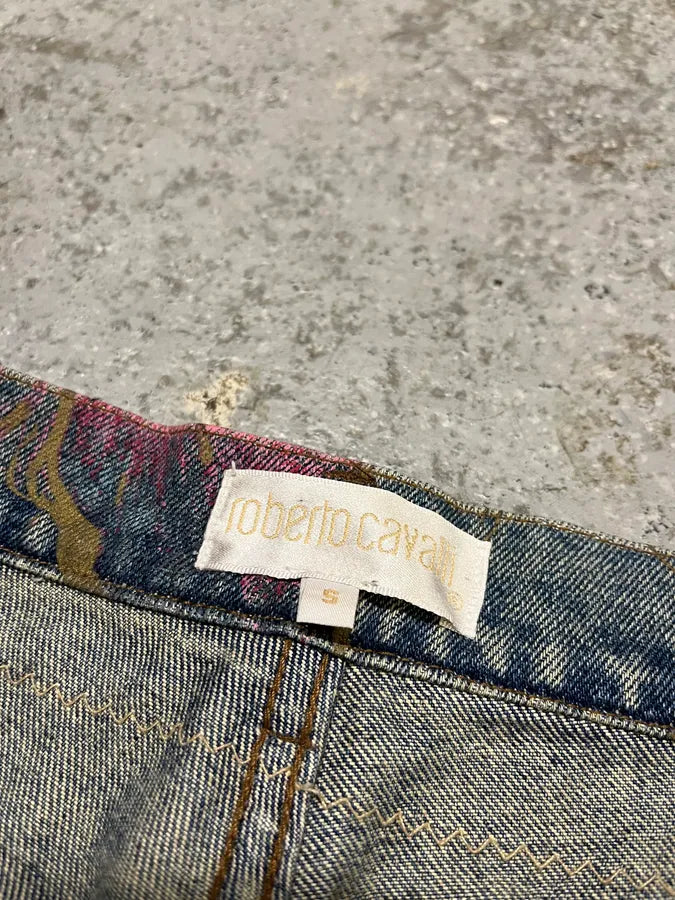 AW2003 Roberto Cavalli Blue Denim Painted Flowers Pants (S) wzEkcTB 10