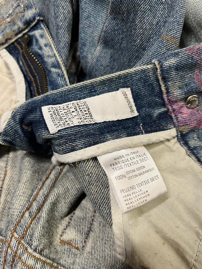 AW2003 Roberto Cavalli Blue Denim Painted Flowers Pants (S) wzEkcTB 11