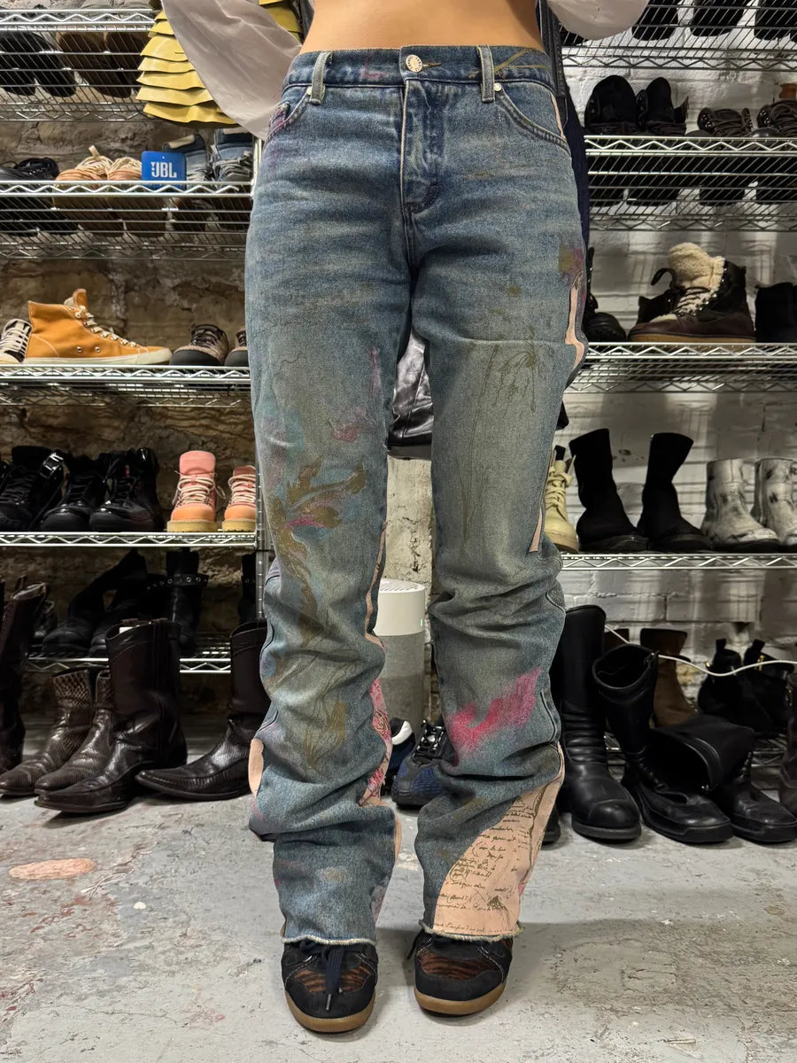 AW2003 Roberto Cavalli Blue Denim Painted Flowers Pants (S) wzEkcTB 2