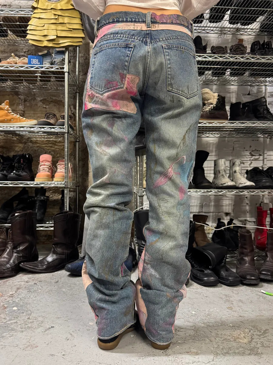 AW2003 Roberto Cavalli Blue Denim Painted Flowers Pants (S) wzEkcTB 3