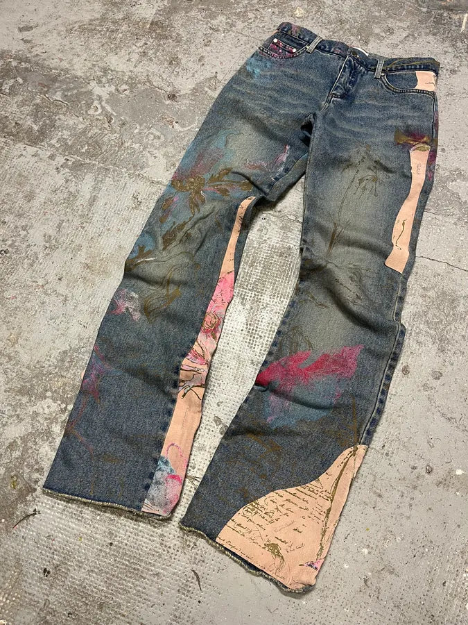 AW2003 Roberto Cavalli Blue Denim Painted Flowers Pants (S) wzEkcTB 4