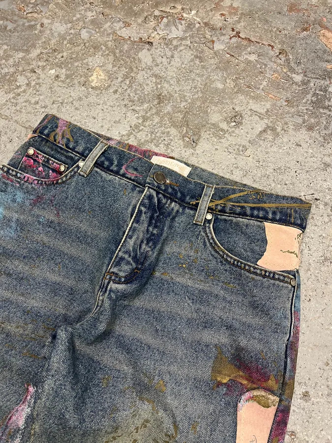 AW2003 Roberto Cavalli Blue Denim Painted Flowers Pants (S) wzEkcTB 5