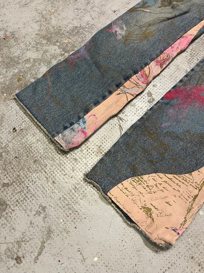 AW2003 Roberto Cavalli Blue Denim Painted Flowers Pants (S) wzEkcTB 6