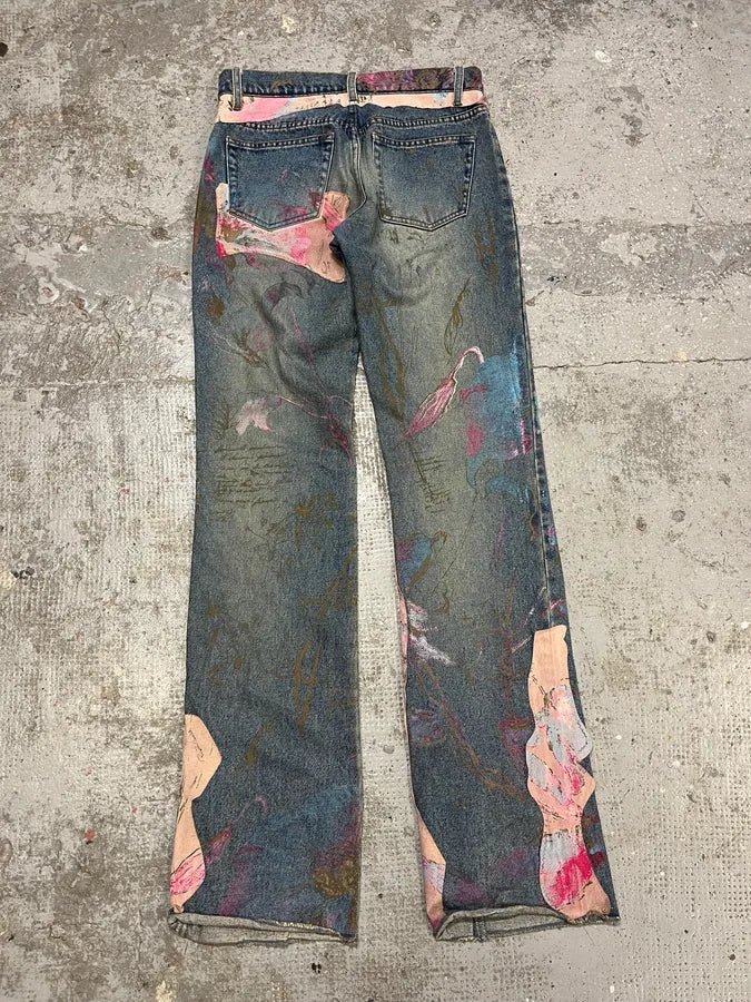 AW2003 Roberto Cavalli Blue Denim Painted Flowers Pants (S) wzEkcTB 7