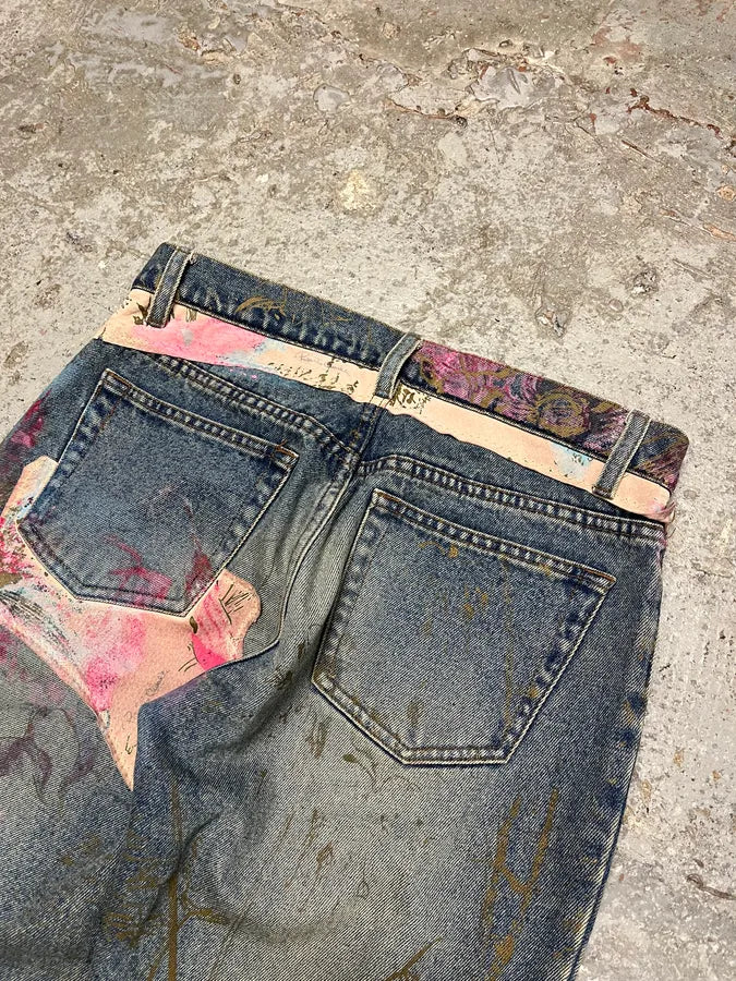 AW2003 Roberto Cavalli Blue Denim Painted Flowers Pants (S) wzEkcTB 8