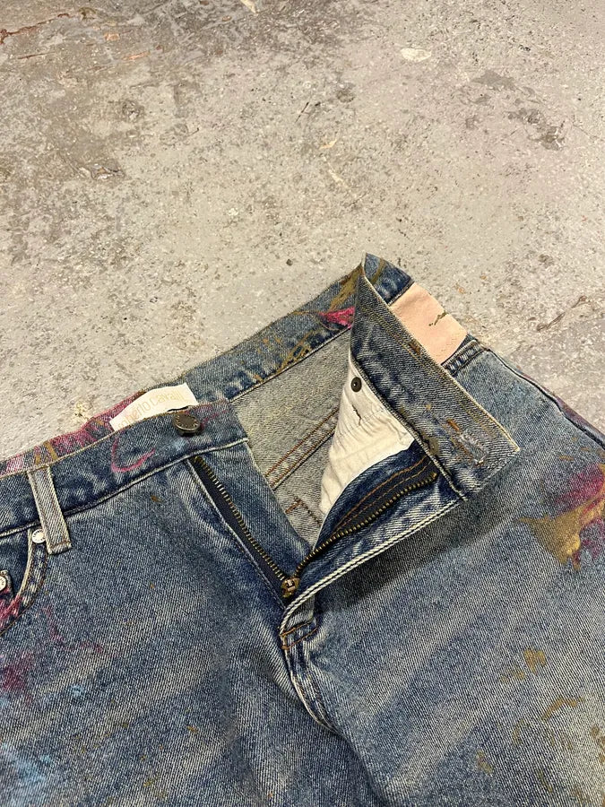 AW2003 Roberto Cavalli Blue Denim Painted Flowers Pants (S) wzEkcTB 9