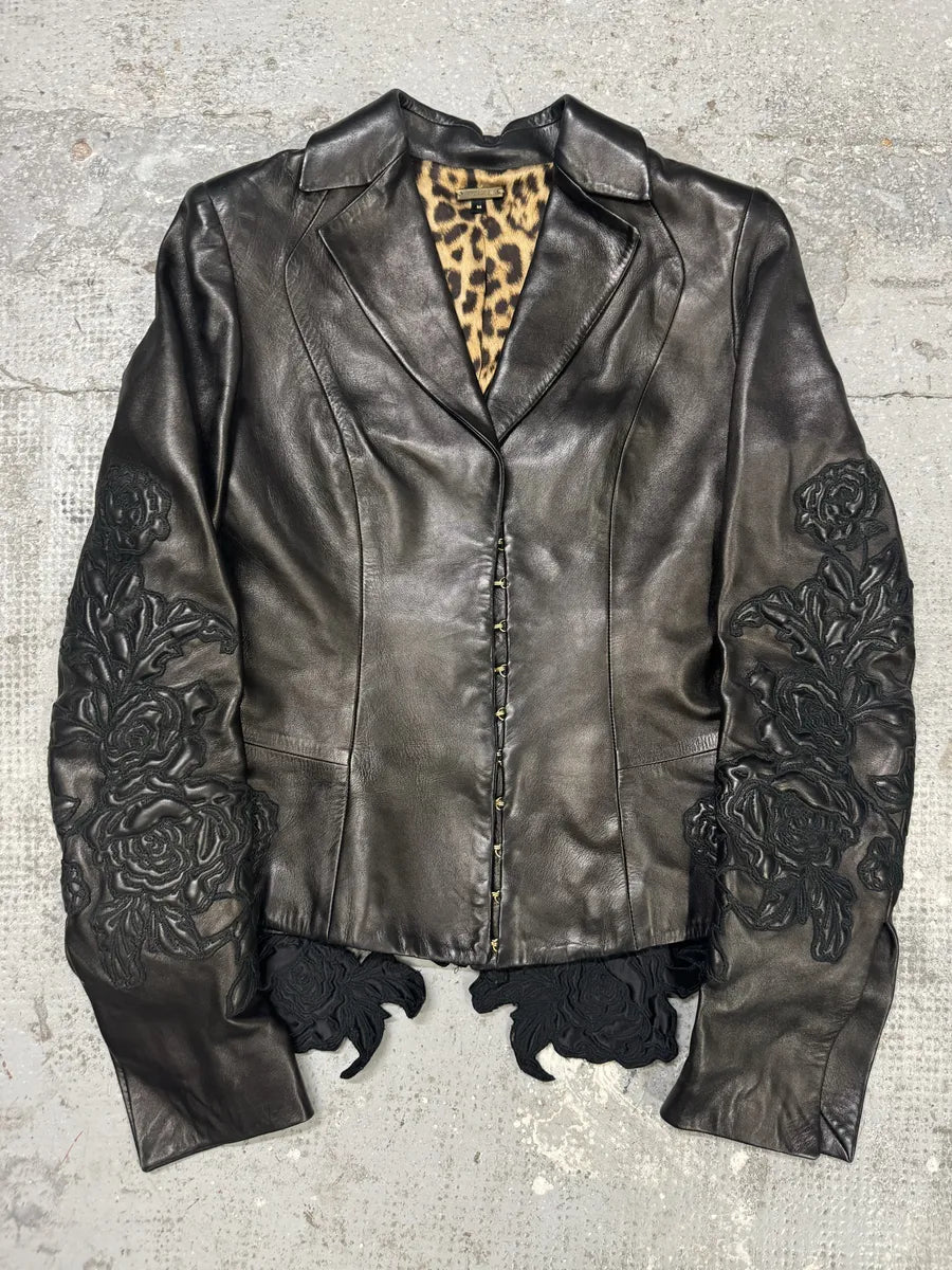 AW2003 Roberto Cavalli Flowers Black Perfored Leather Jacket CuvaTko 0