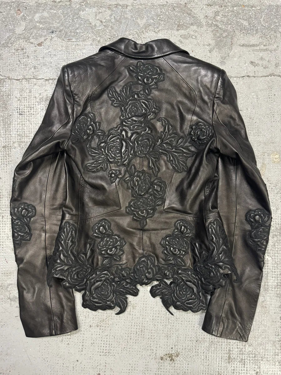 AW2003 Roberto Cavalli Flowers Black Perfored Leather Jacket CuvaTko 1