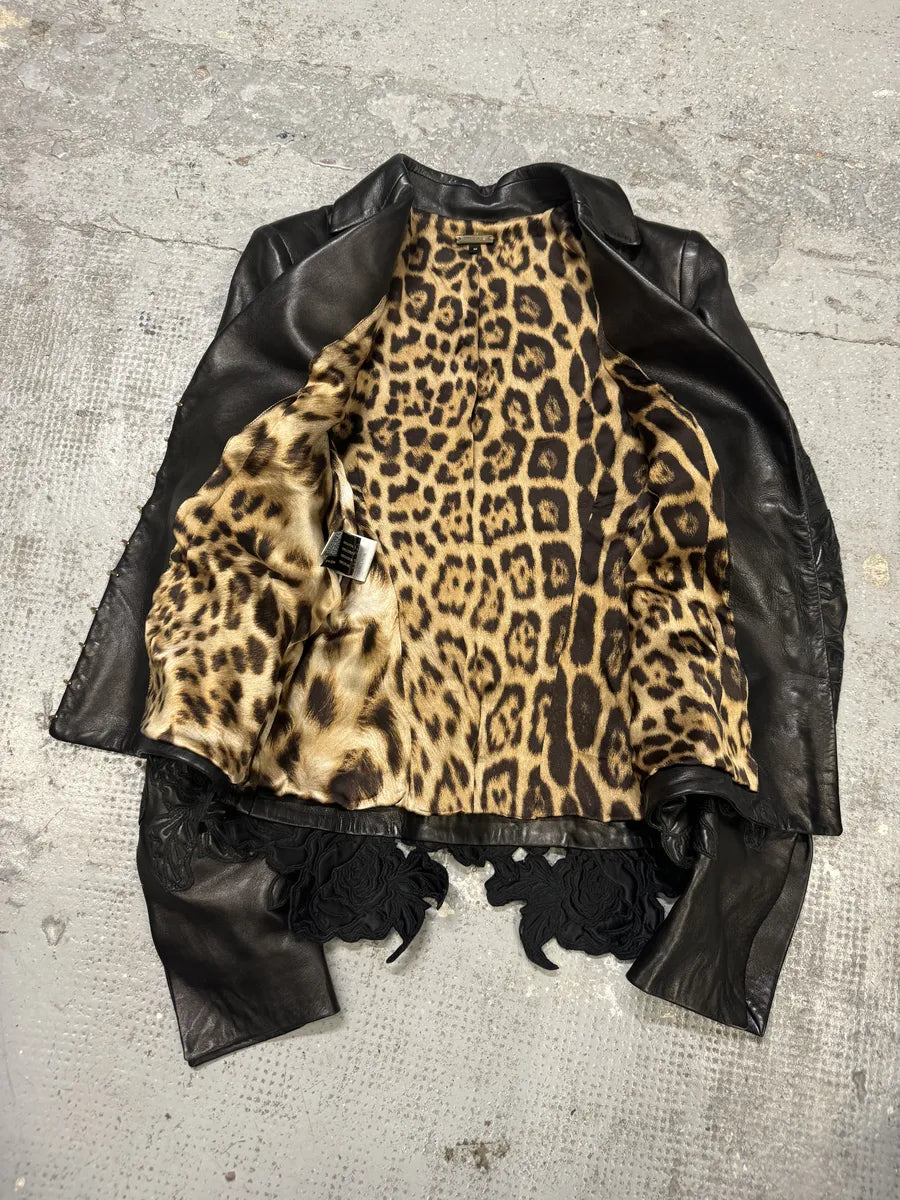 AW2003 Roberto Cavalli Flowers Black Perfored Leather Jacket CuvaTko 2