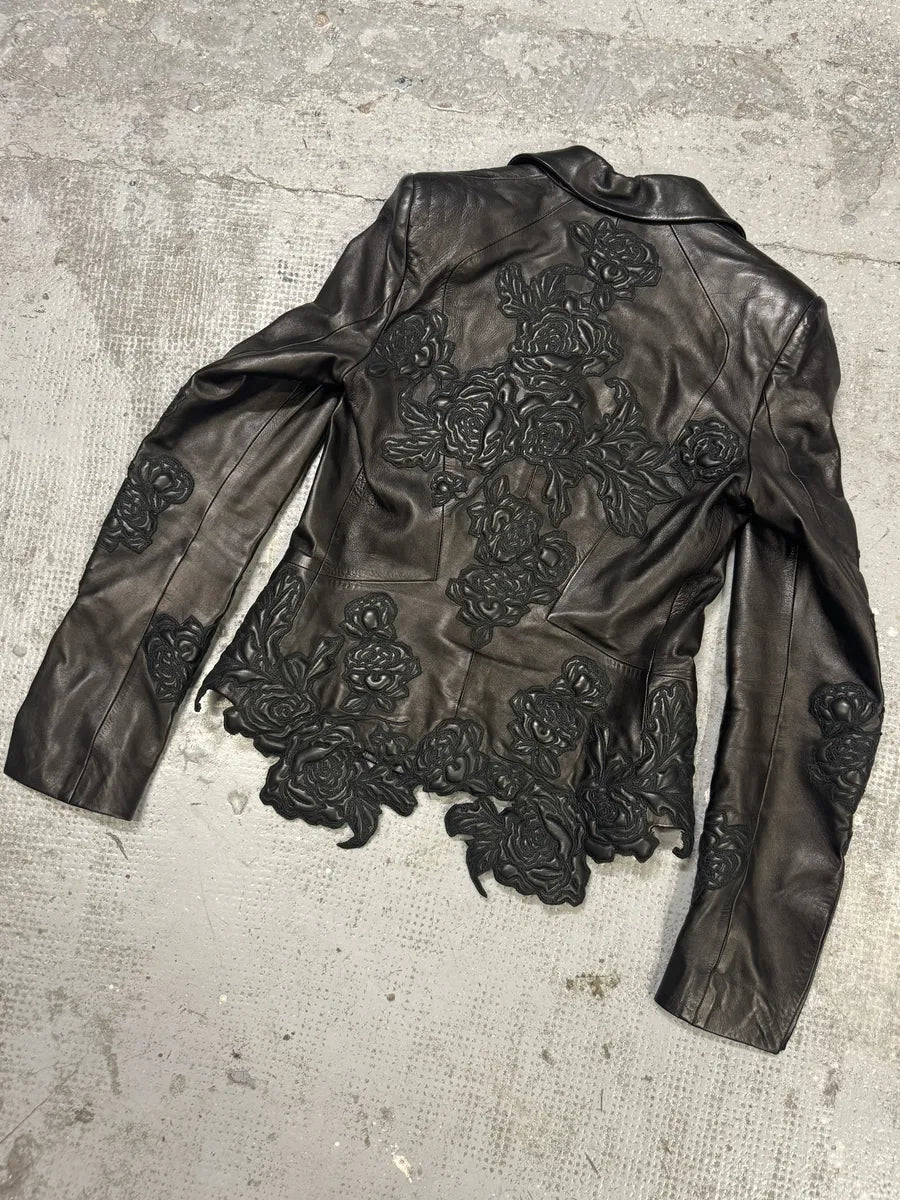 AW2003 Roberto Cavalli Flowers Black Perfored Leather Jacket CuvaTko 3