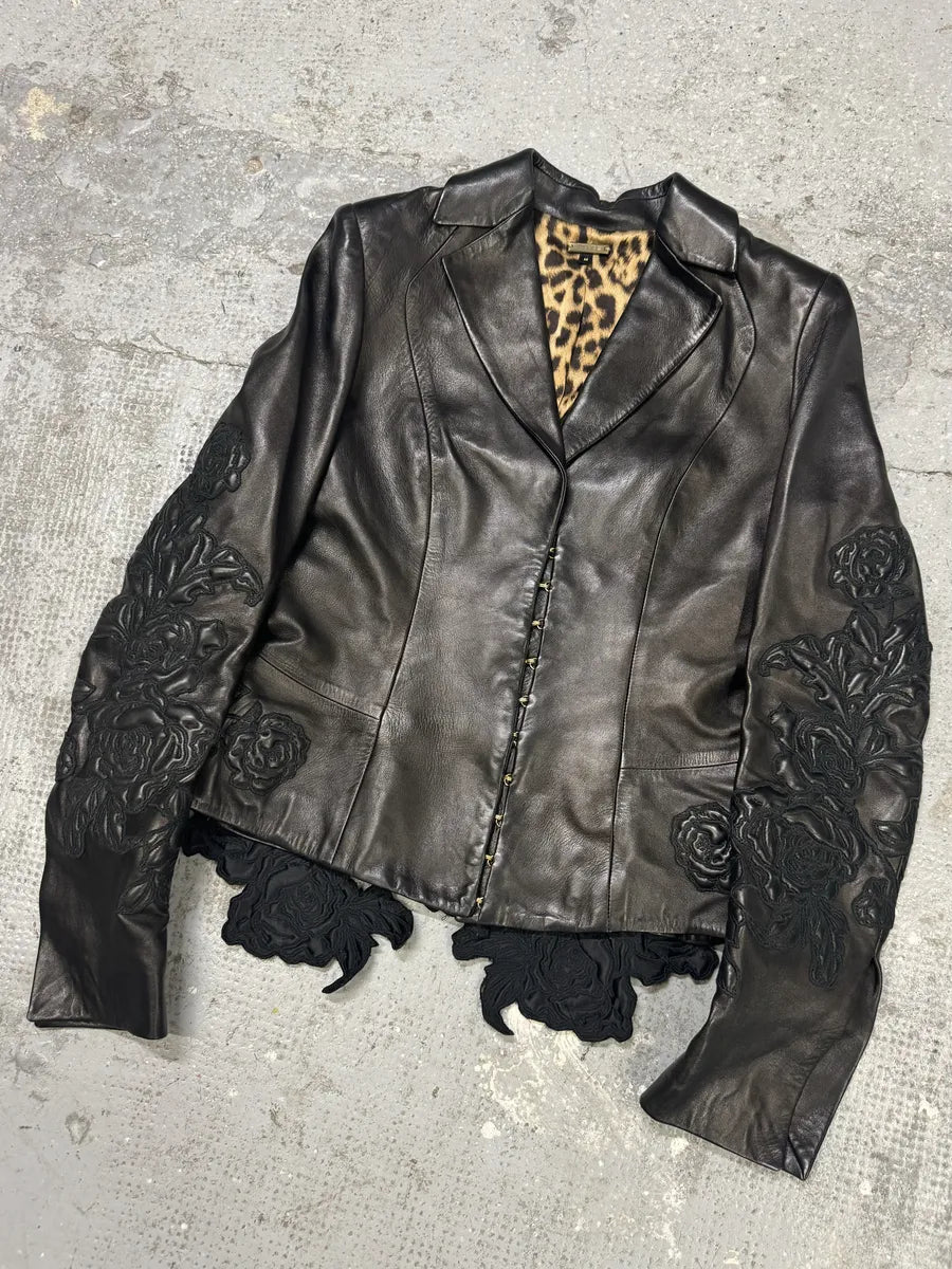 AW2003 Roberto Cavalli Flowers Black Perfored Leather Jacket CuvaTko 4