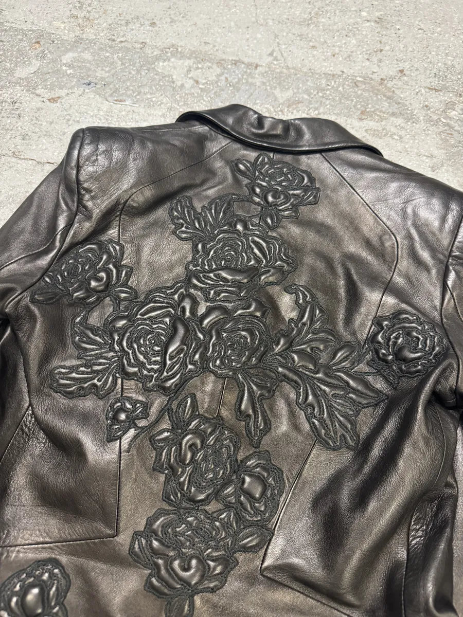 AW2003 Roberto Cavalli Flowers Black Perfored Leather Jacket CuvaTko 5