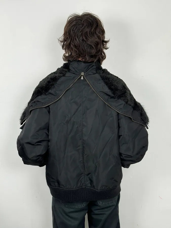 AW2003 Versace Black Fur Zip Hood Aviator Bomber Jacket tcBeFBI 1