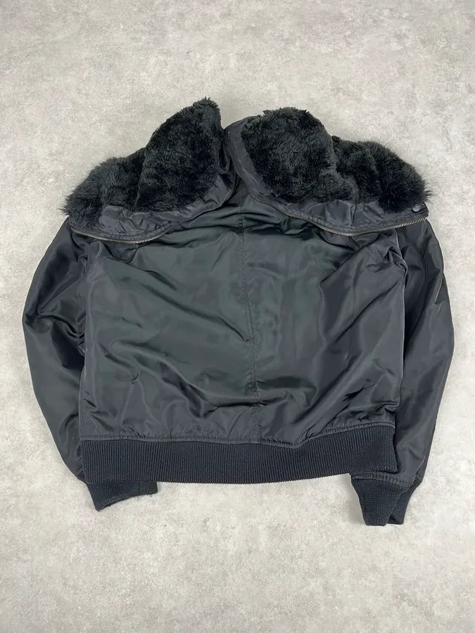 AW2003 Versace Black Fur Zip Hood Aviator Bomber Jacket tcBeFBI 8