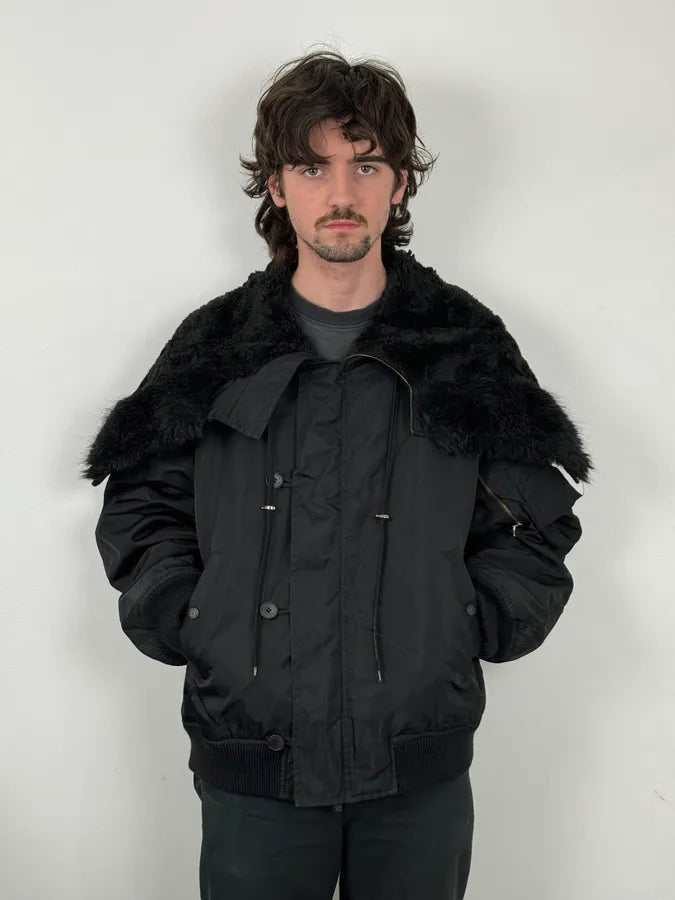 AW2003 Versace Black Fur Zip Hood Aviator Bomber Jacket tcBeFBI 0