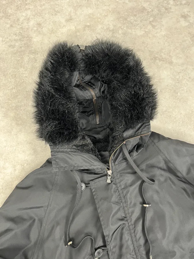 AW2003 Versace Black Fur Zip Hood Aviator Bomber Jacket tcBeFBI 5