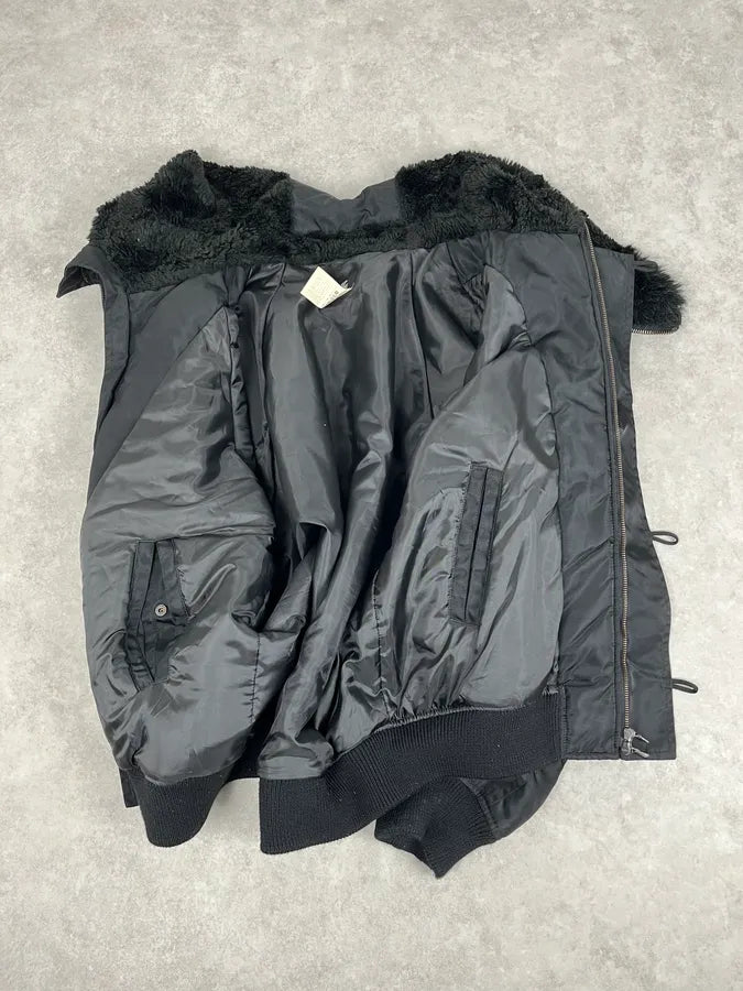 AW2003 Versace Black Fur Zip Hood Aviator Bomber Jacket tcBeFBI 9