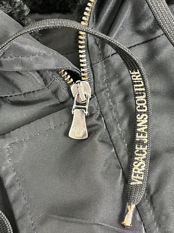 AW2003 Versace Black Fur Zip Hood Aviator Bomber Jacket tcBeFBI 10