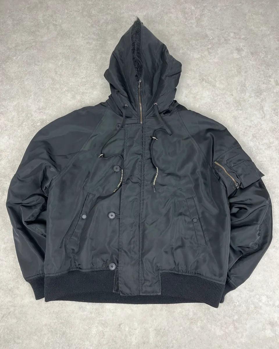AW2003 Versace Black Fur Zip Hood Aviator Bomber Jacket tcBeFBI 4