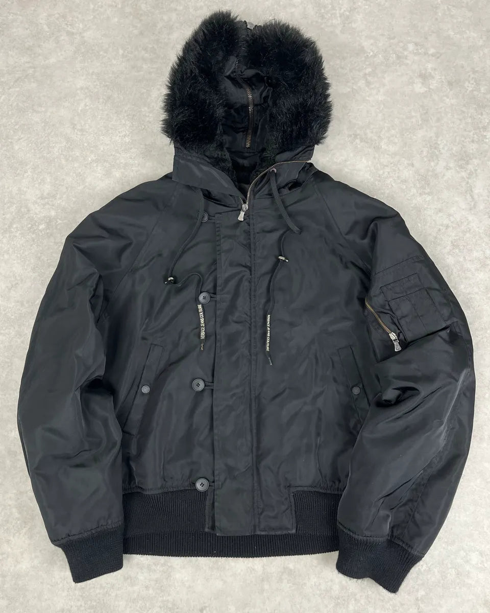 AW2003 Versace Black Fur Zip Hood Aviator Bomber Jacket tcBeFBI 2