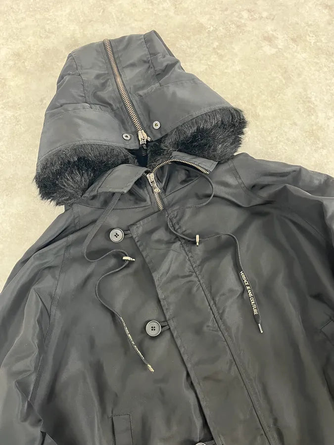 AW2003 Versace Black Hooded Faux Fur Aviator Bomber Jacket GvEwafF 4