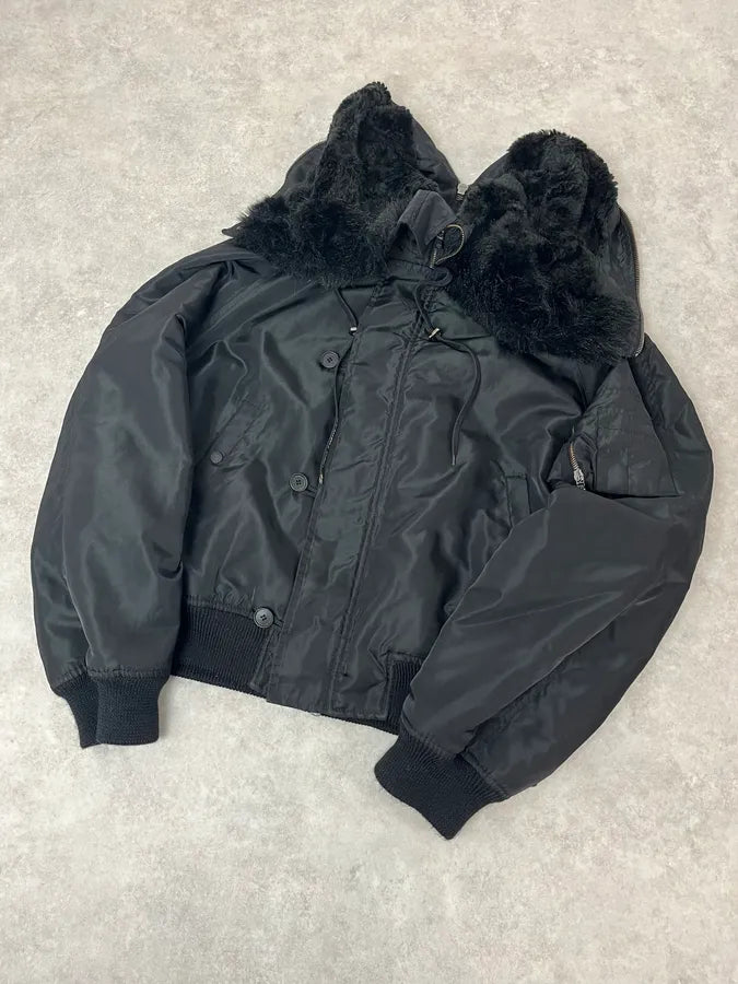 AW2003 Versace Black Hooded Faux Fur Aviator Bomber Jacket GvEwafF 3