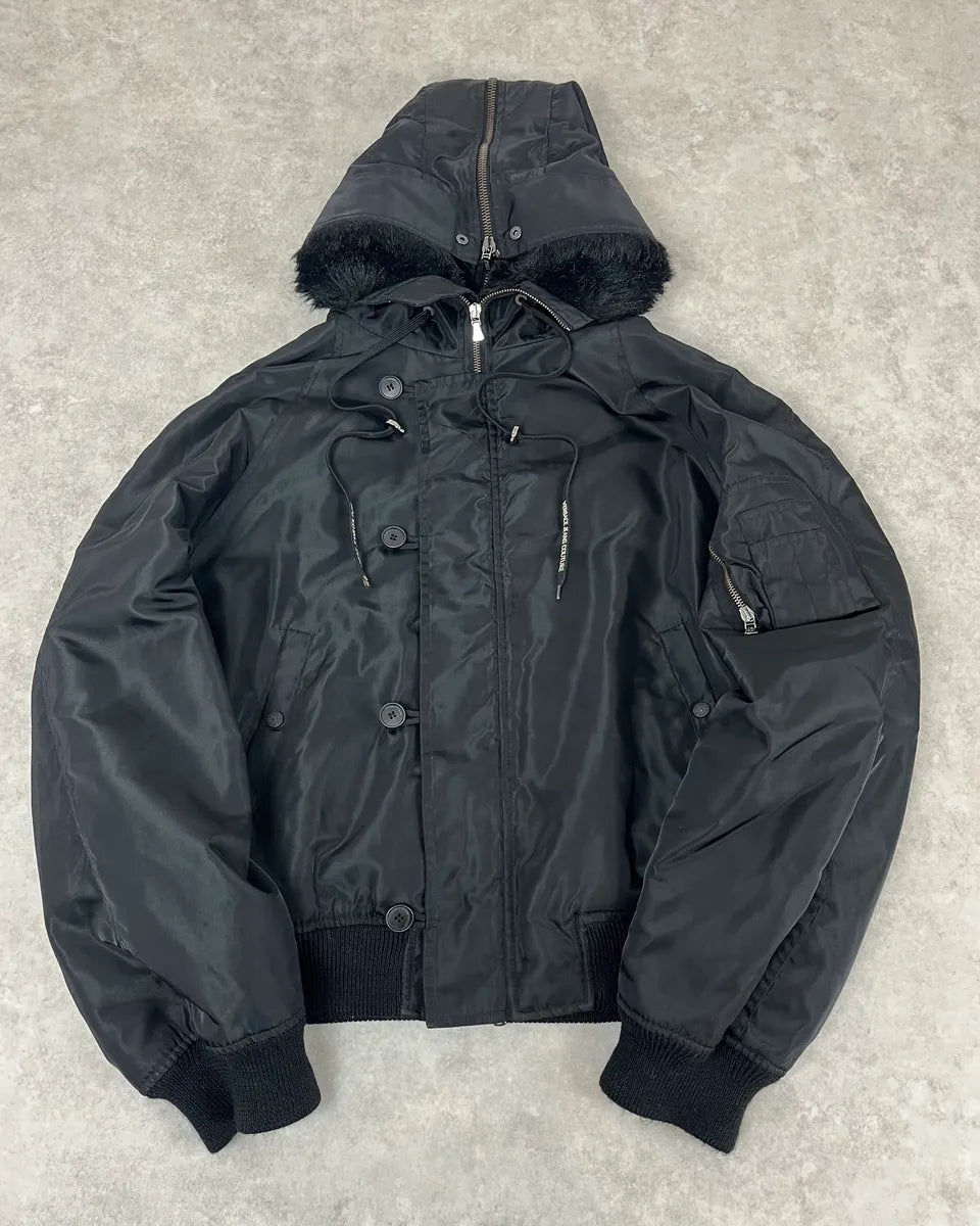 AW2003 Versace Black Hooded Faux Fur Aviator Bomber Jacket GvEwafF 0