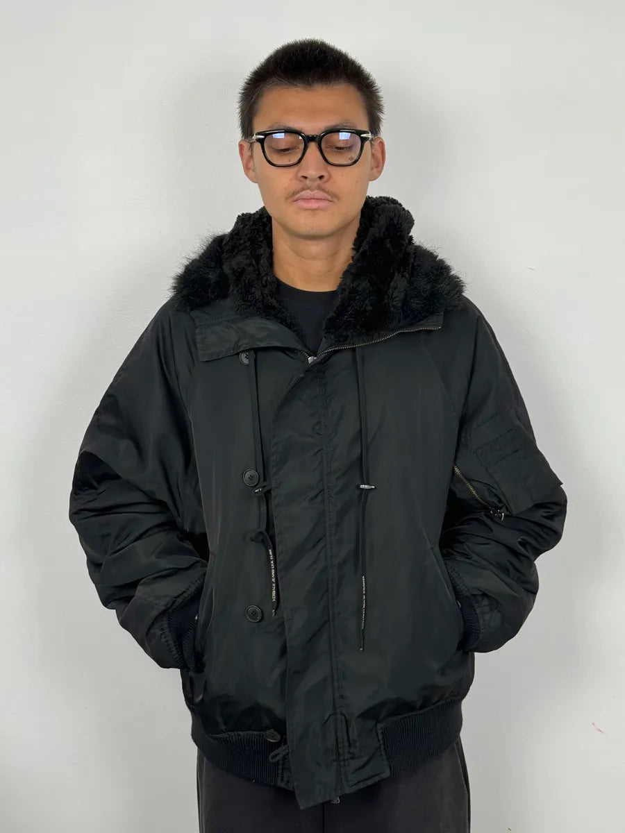 AW2003 Versace Black Hooded Faux Fur Aviator Bomber Jacket GvEwafF 1