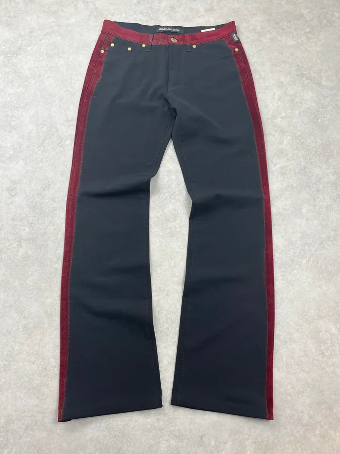 AW2003 Versace Black Velvet Burgundy Contrast Flared Pants GiEzepw 0