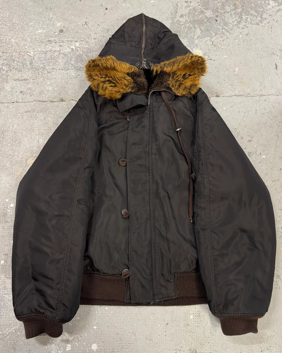 AW2003 Versace Black Zip Fur Hood Bomber Jacket (L) 0