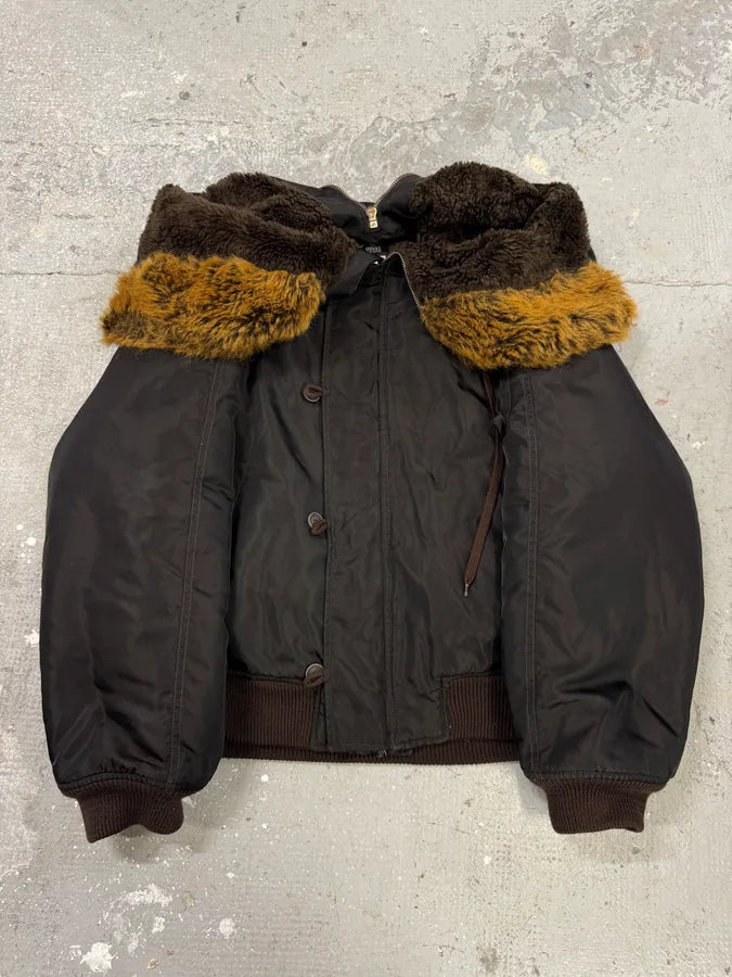 AW2003 Versace Black Zip Fur Hood Bomber Jacket (L) 1