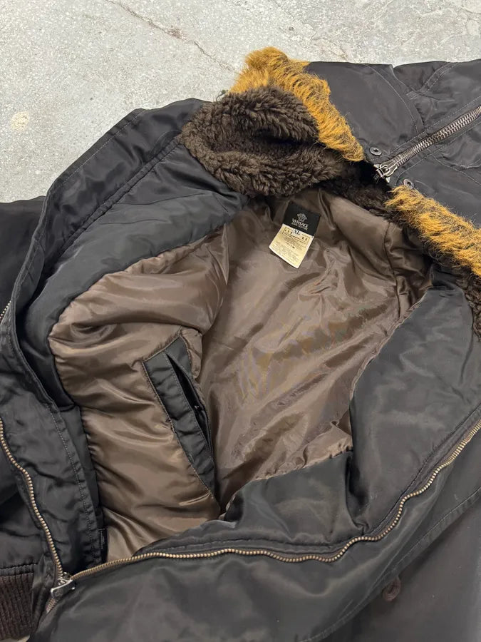 AW2003 Versace Black Zip Fur Hood Bomber Jacket (L) 4