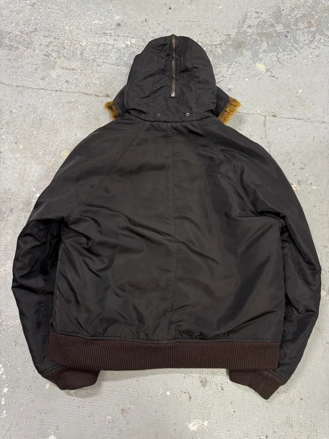 AW2003 Versace Black Zip Fur Hood Bomber Jacket (L) 5