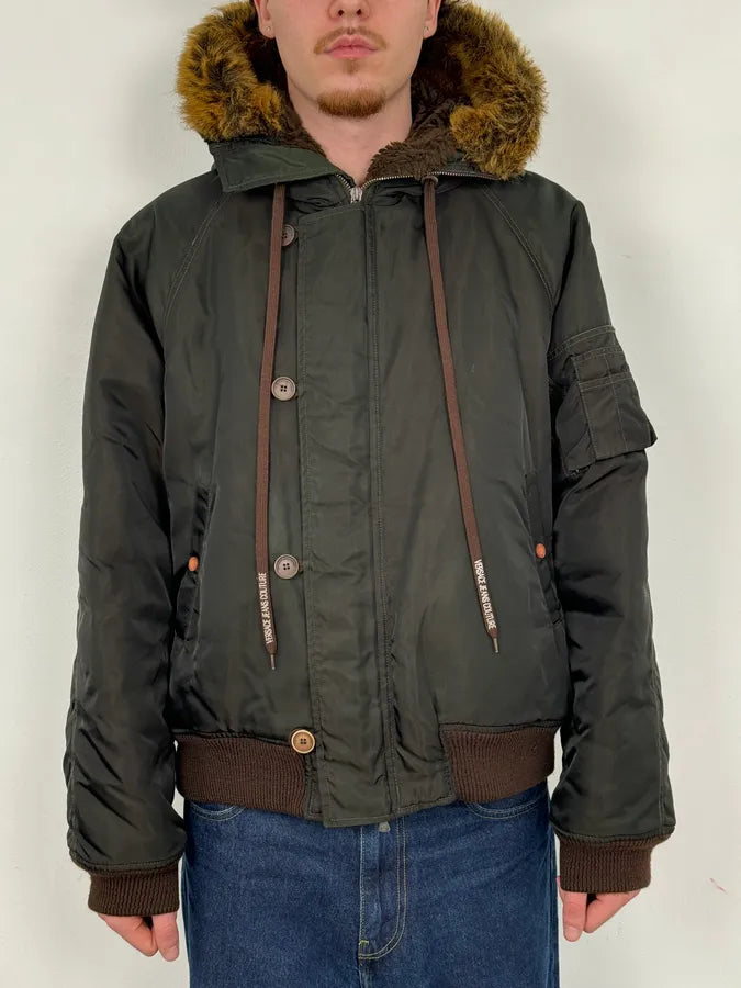 AW2003 Versace Dark Green Hooded Faux Fur Aviator Bomber Jacket GvEwafF 1