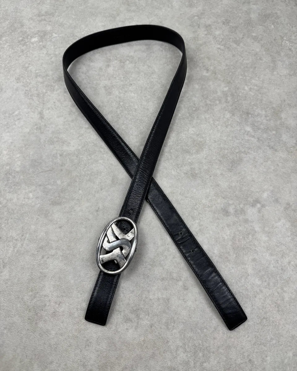 AW2003 Yves Saint Laurent Black Leather Logo Buckle Belt wXgWTHV 1