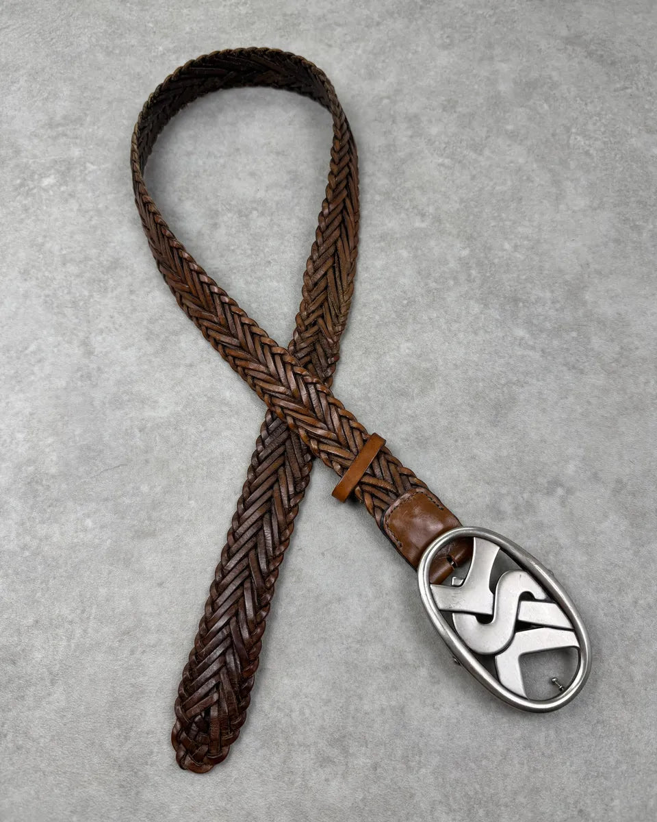 AW2003 Yves Saint Laurent Brown Braided Leather Buckle Belt NbcJoJb 1