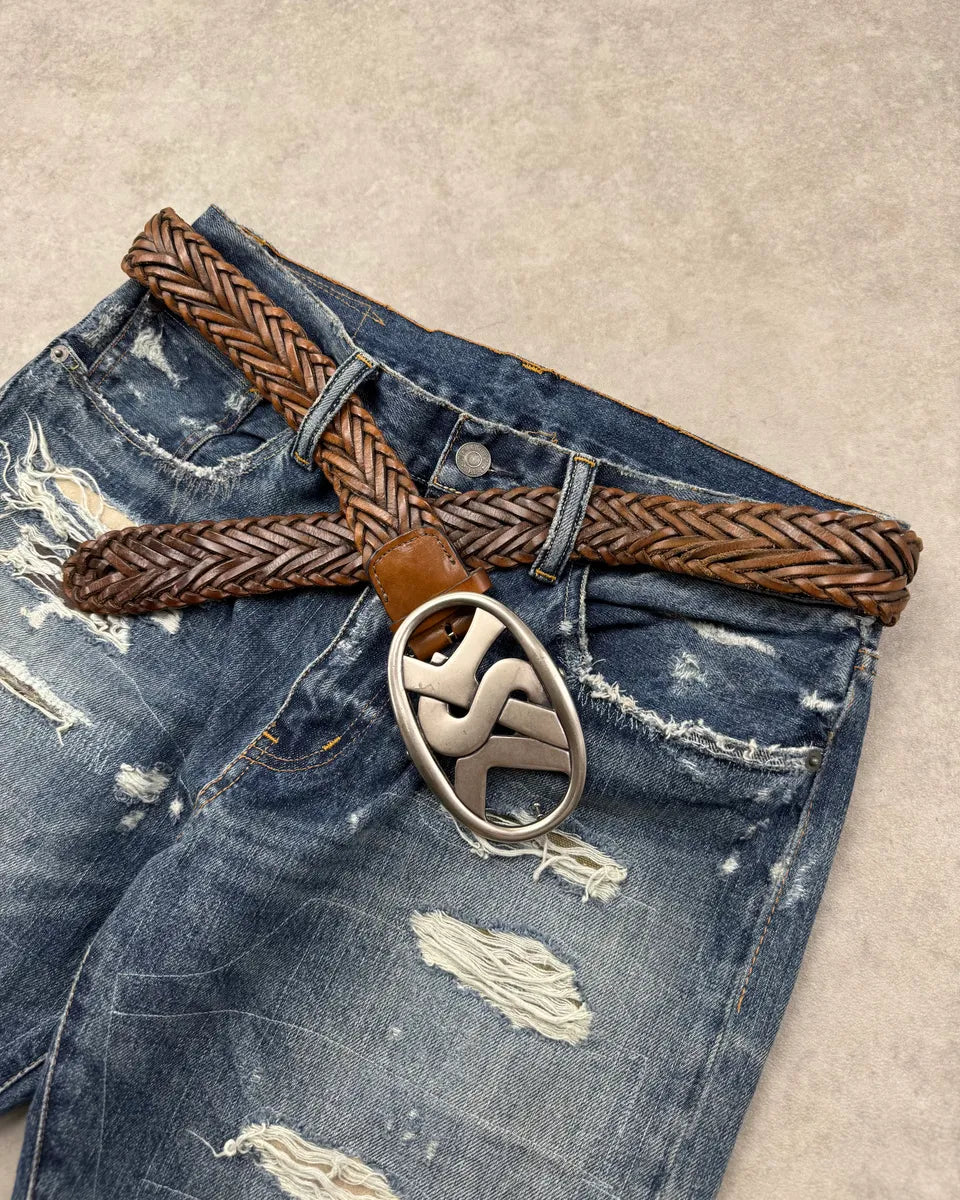 AW2003 Yves Saint Laurent Brown Braided Leather Buckle Belt NbcJoJb 2