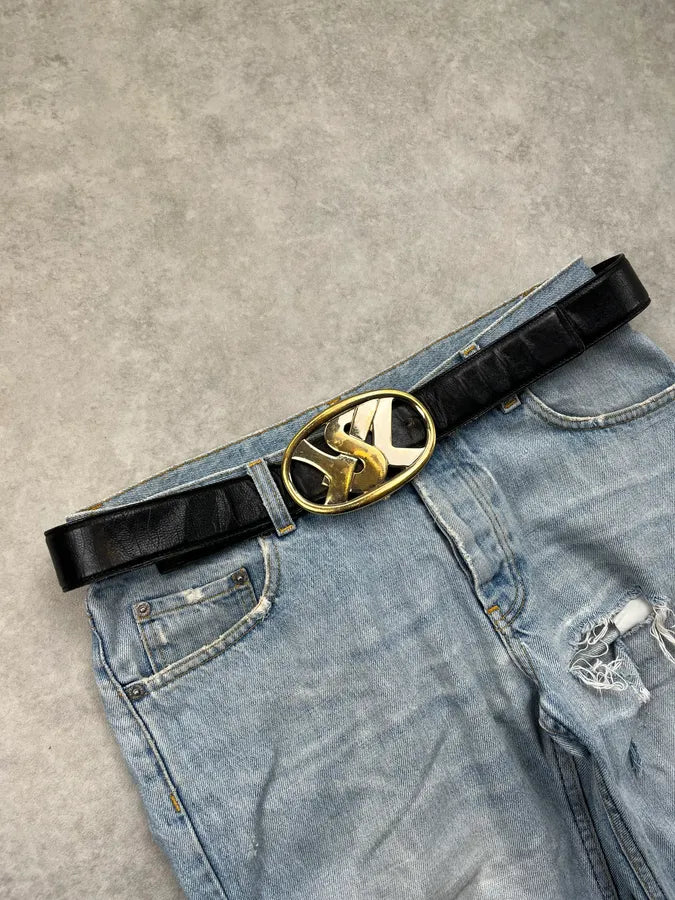 AW2003 Yves Saint Laurent Gold Buckle Black Leather Belt lckzstx 2