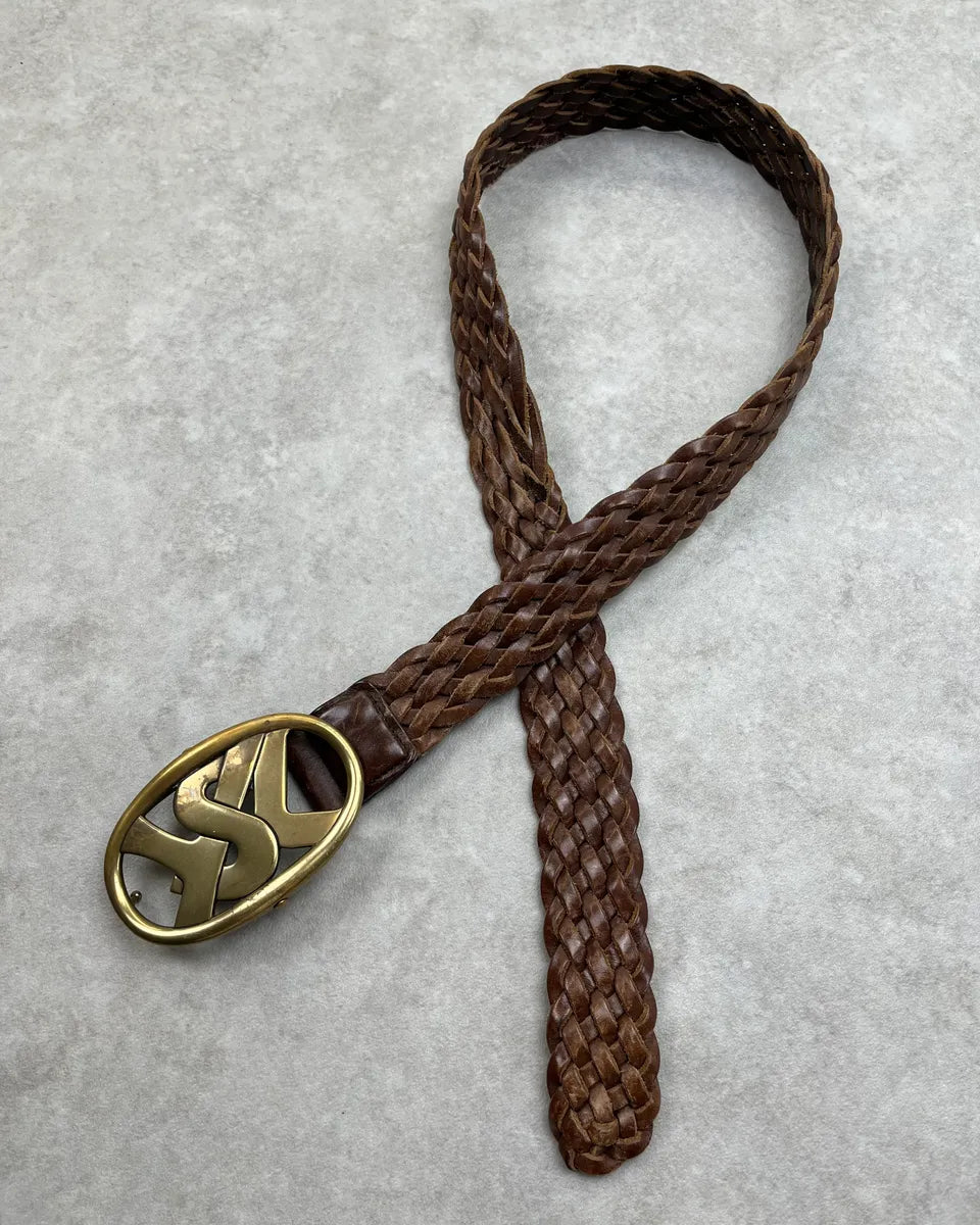 AW2003 Yves Saint Laurent Logo Buckle Brown Braided Leather Belt  eJlLPcN 0