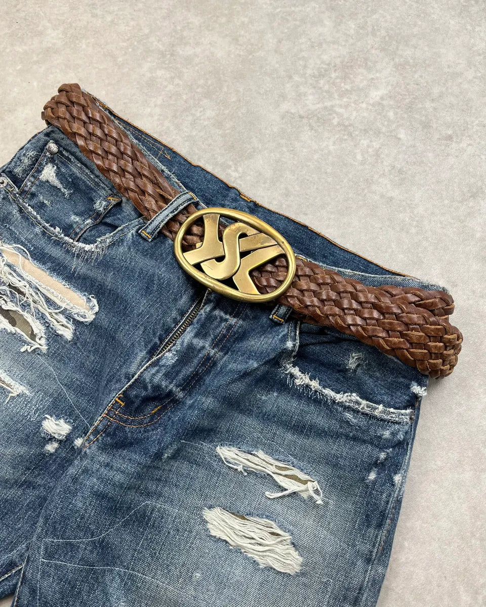 AW2003 Yves Saint Laurent Logo Buckle Brown Braided Leather Belt  eJlLPcN 1