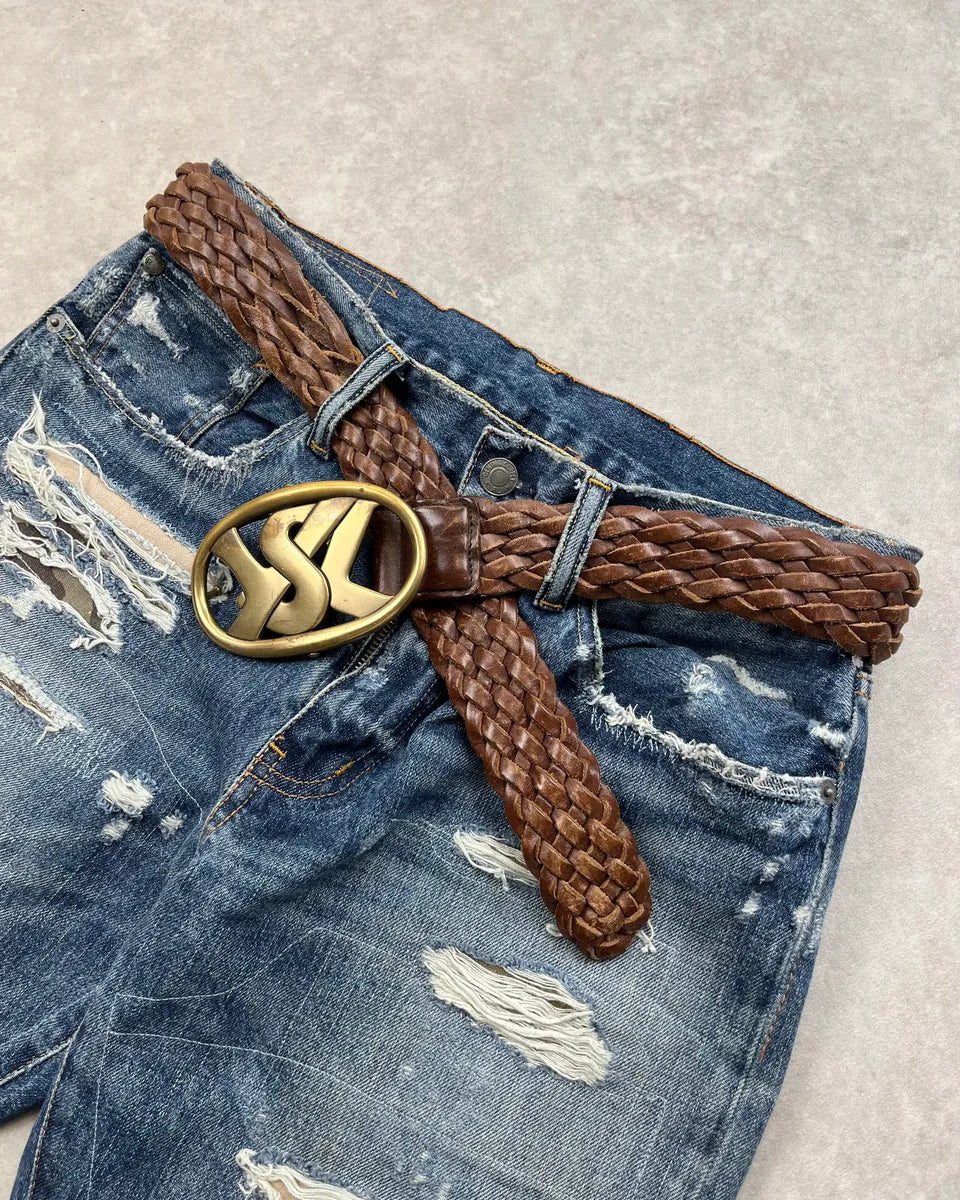 AW2003 Yves Saint Laurent Logo Buckle Brown Braided Leather Belt  eJlLPcN 2