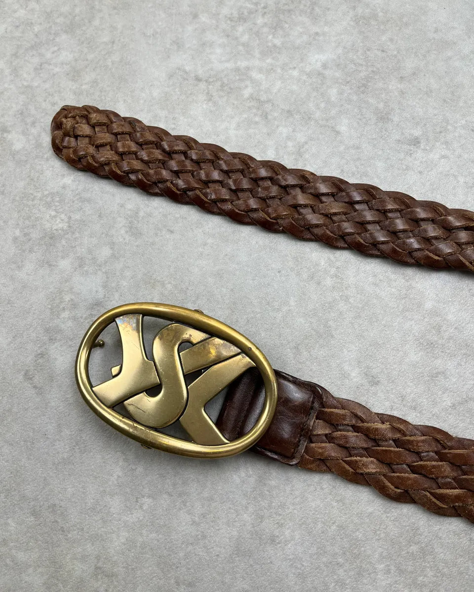 AW2003 Yves Saint Laurent Logo Buckle Brown Braided Leather Belt  eJlLPcN 4