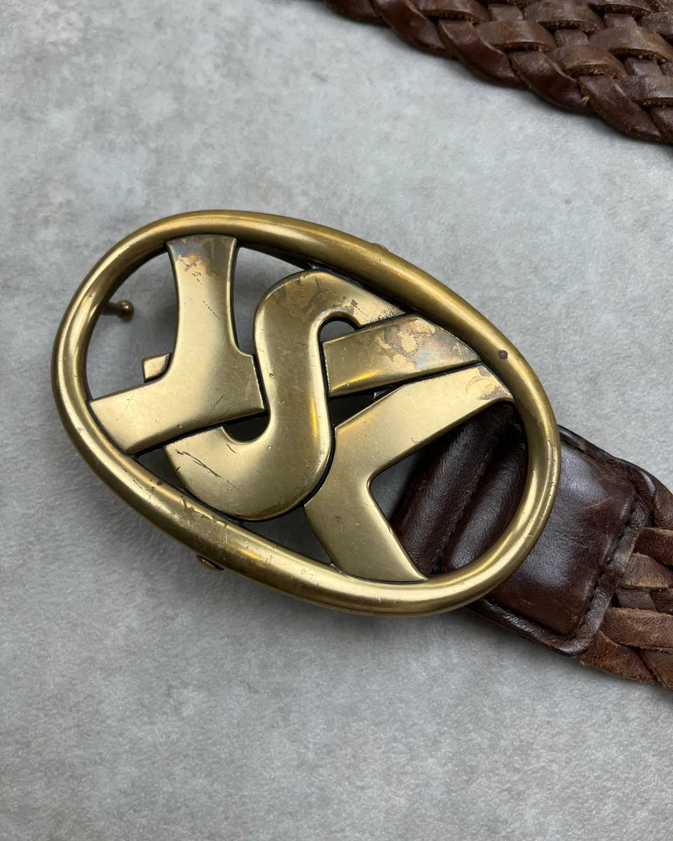 AW2003 Yves Saint Laurent Logo Buckle Brown Braided Leather Belt  eJlLPcN 5