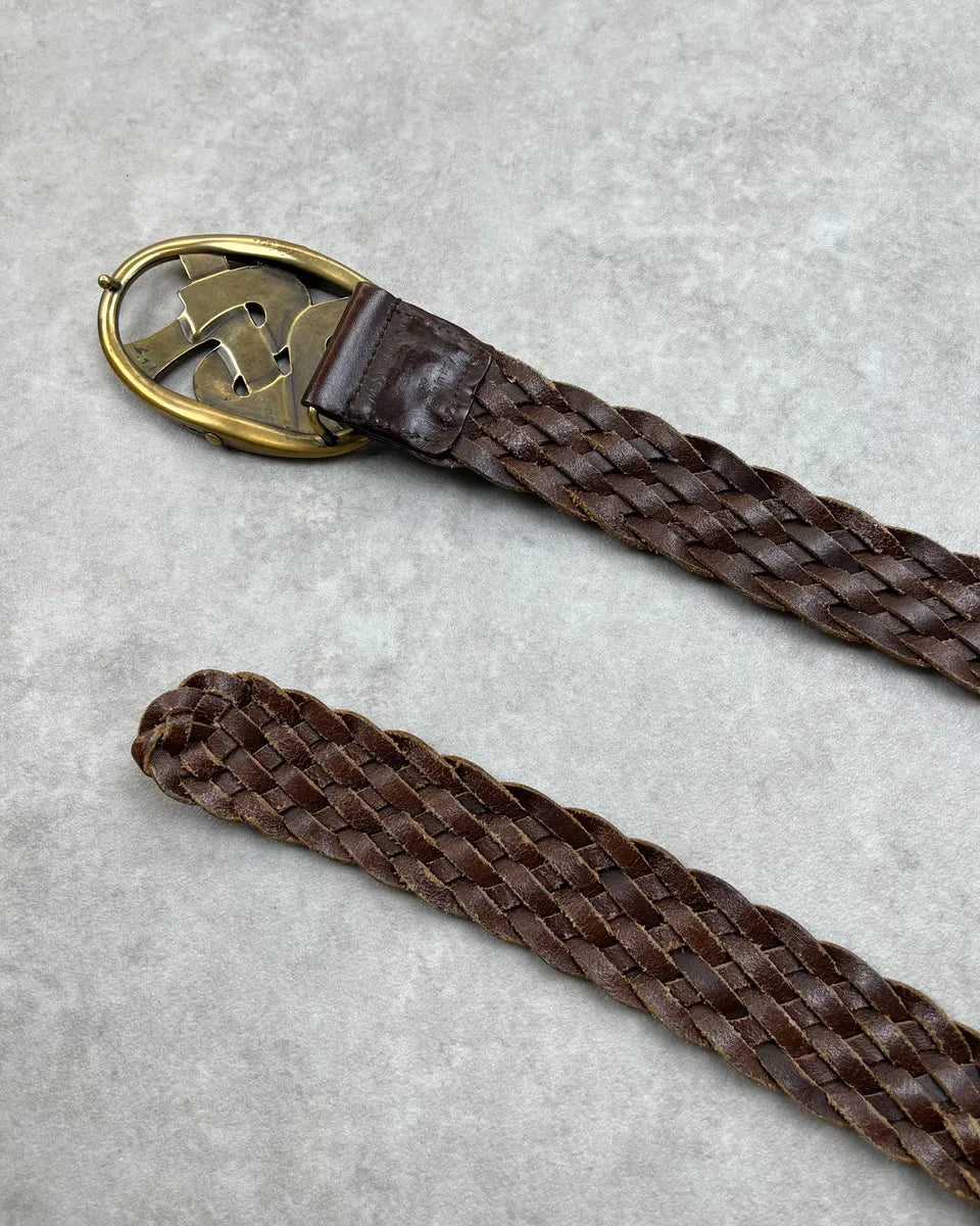 AW2003 Yves Saint Laurent Logo Buckle Brown Braided Leather Belt  eJlLPcN 6