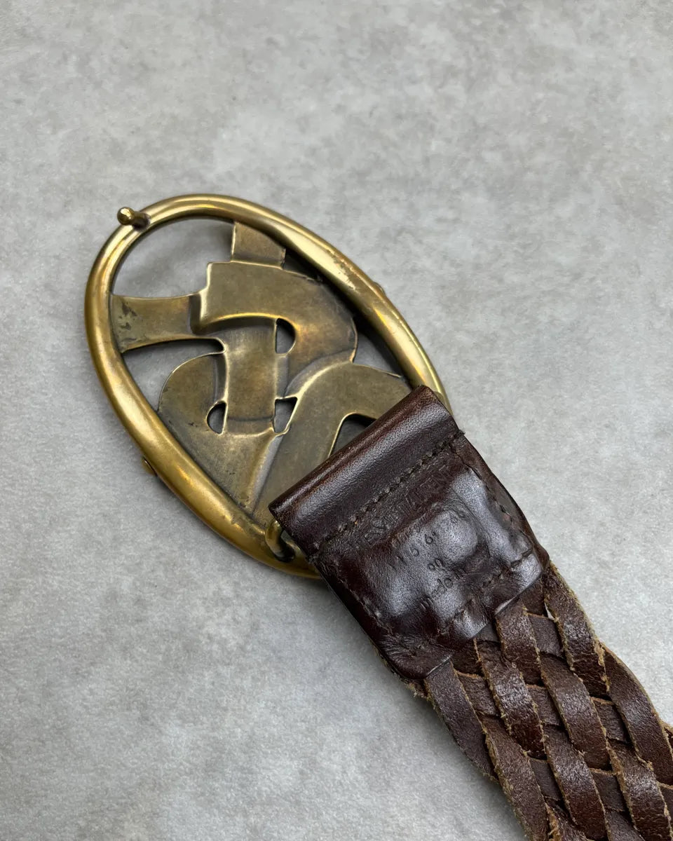 AW2003 Yves Saint Laurent Logo Buckle Brown Braided Leather Belt  eJlLPcN 7