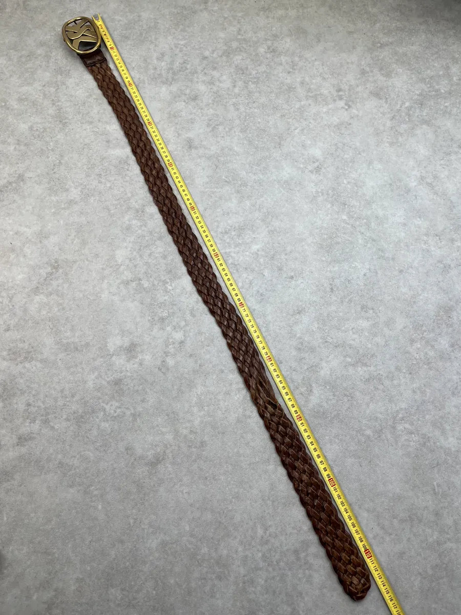 AW2003 Yves Saint Laurent Logo Buckle Brown Braided Leather Belt  eJlLPcN 8