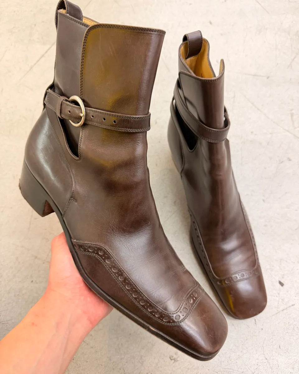 AW2003 Yves Saint Laurent Roy Brown Leather Buckle Strap Boots KmFbjjY 0