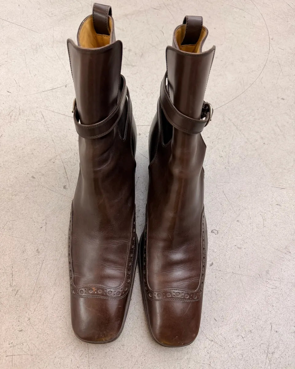 AW2003 Yves Saint Laurent Roy Brown Leather Buckle Strap Boots KmFbjjY 1